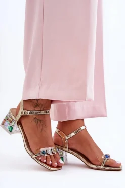 Hot Damskie Sandały Na Obcasie Z Kryształkami Złote S.Barski MR1037-01 Damskie Sandały Na Obcasie