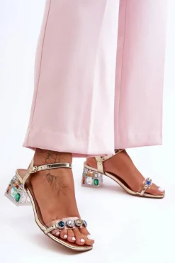 Hot Damskie Sandały Na Obcasie Z Kryształkami Złote S.Barski MR1037-01 Damskie Sandały Na Obcasie