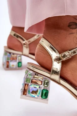 Hot Damskie Sandały Na Obcasie Z Kryształkami Złote S.Barski MR1037-01 Damskie Sandały Na Obcasie
