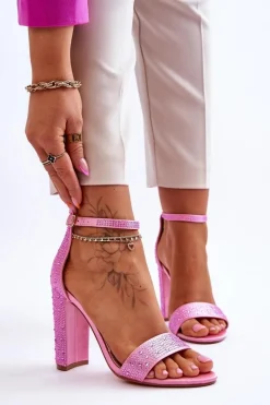 Best Damskie Sandały Na Obcasie Z Cyrkoniami Różowe Idealistic Damskie Sandały Na Obcasie