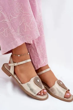 Sale Damskie buty S.Barski Damskie Sandały Na Płaskim Obcasie Z Ozdobą S.Barski KV51-098 Złote Złoty