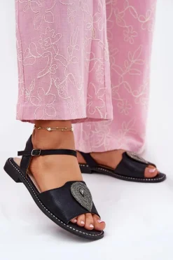 Sandały Płaskie>Damskie buty S.Barski Damskie Sandały Na Płaskim Obcasie Z Ozdobą S.Barski KV51-098 Czarne Czarny