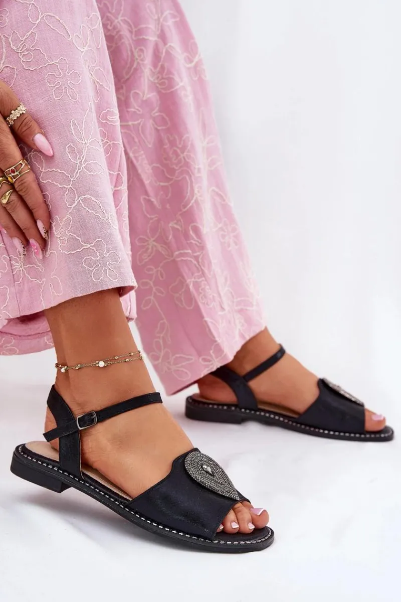 Sandały Płaskie>Damskie buty S.Barski Damskie Sandały Na Płaskim Obcasie Z Ozdobą S.Barski KV51-098 Czarne Czarny