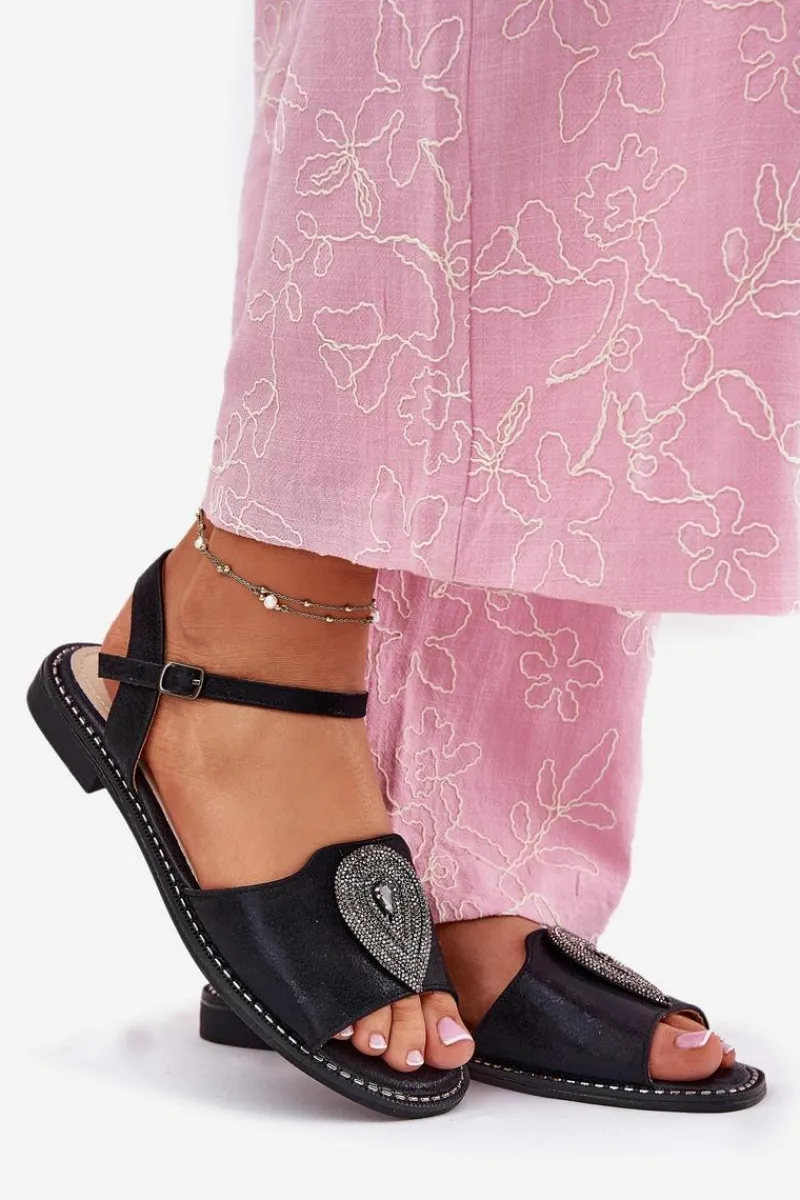 Sandały Płaskie>Damskie buty S.Barski Damskie Sandały Na Płaskim Obcasie Z Ozdobą S.Barski KV51-098 Czarne Czarny