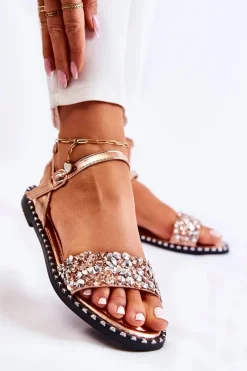 Boto Damskie Sandały Na Płaskim Obcasie Z Ćwiekami Różowe Złoto Francesca