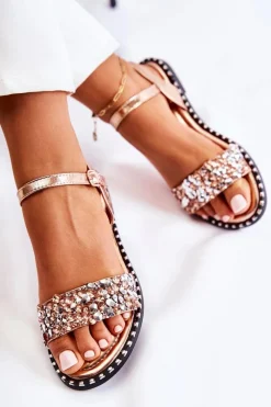 Boto Damskie Sandały Na Płaskim Obcasie Z Ćwiekami Różowe Złoto Francesca