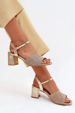 Discount Damskie Sandały Na Słupkowym Obcasie Złote Sarena Damskie Sandały Na Obcasie