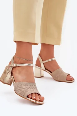 Discount Damskie Sandały Na Słupkowym Obcasie Złote Sarena Damskie Sandały Na Obcasie