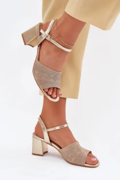 Discount Damskie Sandały Na Słupkowym Obcasie Złote Sarena Damskie Sandały Na Obcasie