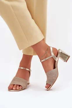 Discount Damskie Sandały Na Słupkowym Obcasie Złote Sarena Damskie Sandały Na Obcasie