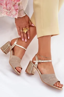 Discount Damskie Sandały Na Słupkowym Obcasie Złote Sarena Damskie Sandały Na Obcasie