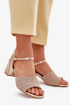 Discount Damskie Sandały Na Słupkowym Obcasie Złote Sarena Damskie Sandały Na Obcasie