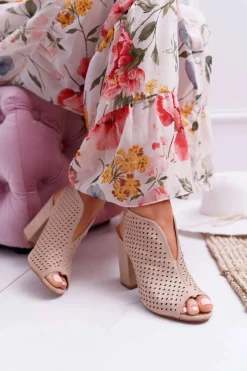 Discount Damskie Sandały Na Słupku Peep Toe Beżowe Nevienna Damskie Sandały Na Obcasie