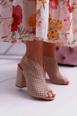 Discount Damskie Sandały Na Słupku Peep Toe Beżowe Nevienna Damskie Sandały Na Obcasie