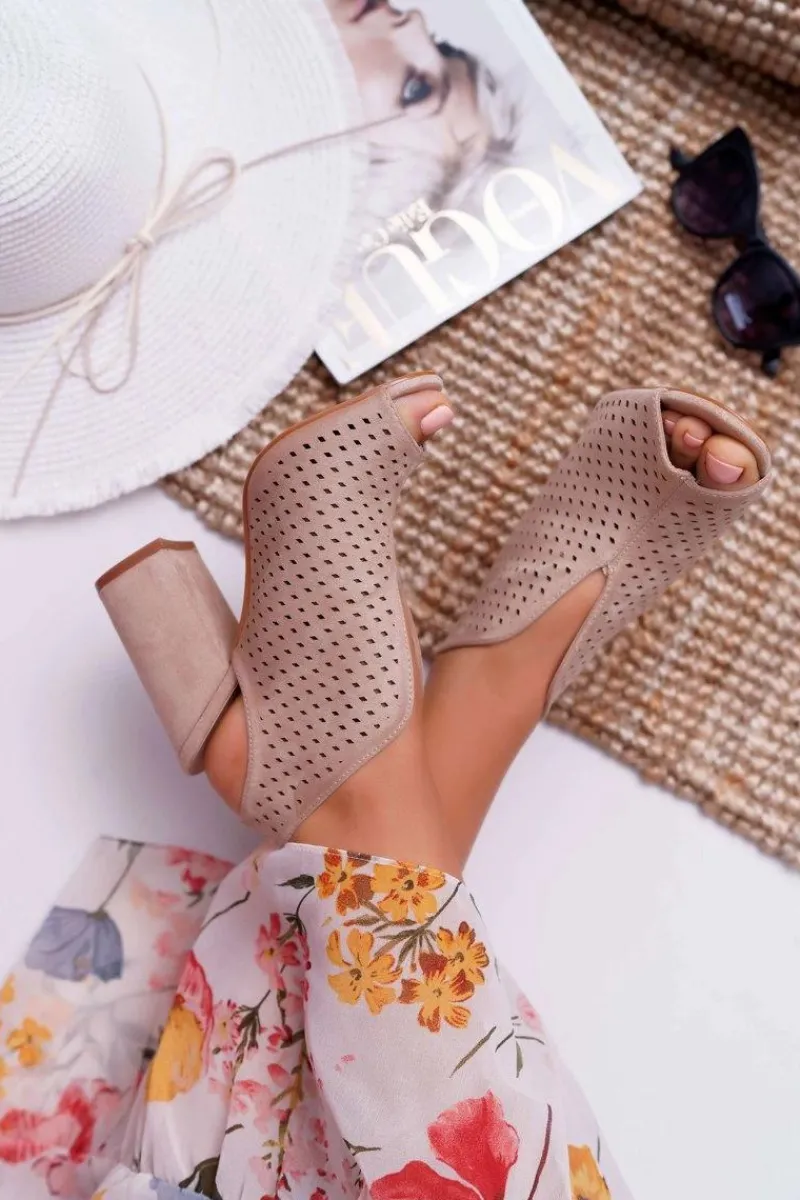 Discount Damskie Sandały Na Słupku Peep Toe Beżowe Nevienna Damskie Sandały Na Obcasie