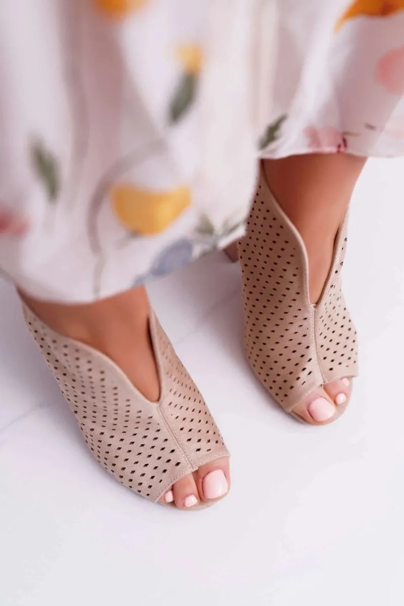 Discount Damskie Sandały Na Słupku Peep Toe Beżowe Nevienna Damskie Sandały Na Obcasie