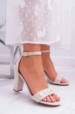 Sandały Na Obcasie>Damskie buty S.Barski Damskie Sandały Na Słupku Z Perełkami Beżowe Renes