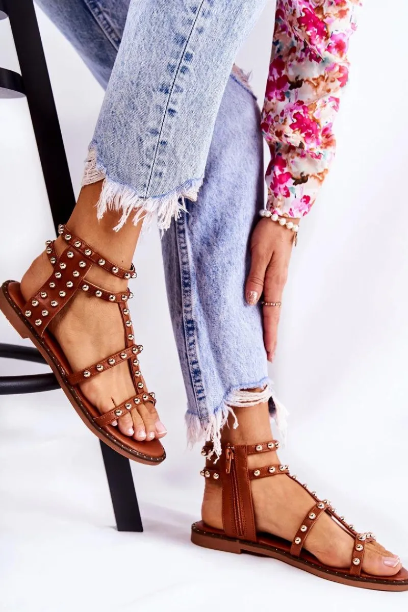 Best Boto Damskie Sandały Na Suwak Z Ćwiekami Brązowe Cavos