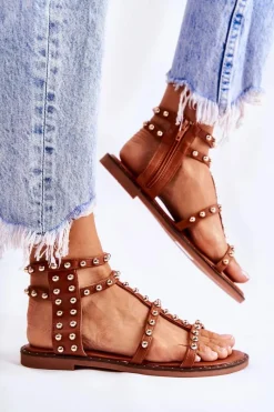 Best Boto Damskie Sandały Na Suwak Z Ćwiekami Brązowe Cavos