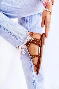 Best Boto Damskie Sandały Na Suwak Z Ćwiekami Brązowe Cavos