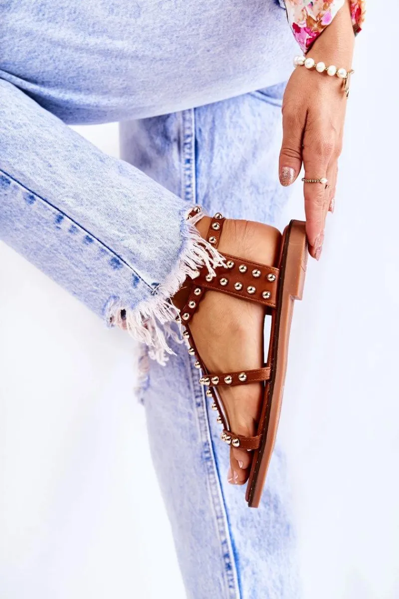 Best Boto Damskie Sandały Na Suwak Z Ćwiekami Brązowe Cavos