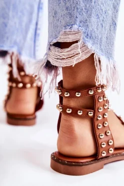 Best Boto Damskie Sandały Na Suwak Z Ćwiekami Brązowe Cavos