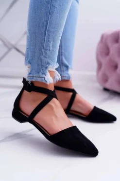 Discount Damskie Sandały Płaskie Czarne Zamszowe W Szpic Medena Damskie Baleriny Klasyczne