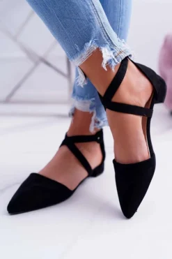 Discount Damskie Sandały Płaskie Czarne Zamszowe W Szpic Medena Damskie Baleriny Klasyczne