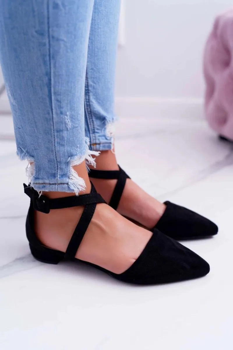 Discount Damskie Sandały Płaskie Czarne Zamszowe W Szpic Medena Damskie Baleriny Klasyczne