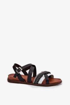 Clearance Damskie Sandały Płaskie Z Paskami Sergio Leone SK087H Czarne Damskie Sandały Płaskie