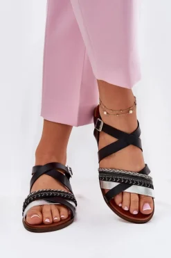 Clearance Damskie Sandały Płaskie Z Paskami Sergio Leone SK087H Czarne Damskie Sandały Płaskie