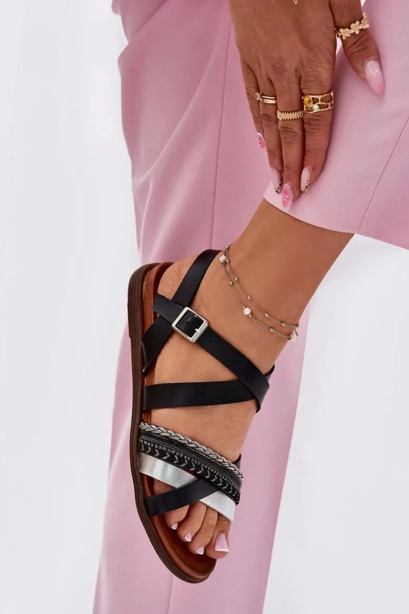 Clearance Damskie Sandały Płaskie Z Paskami Sergio Leone SK087H Czarne Damskie Sandały Płaskie