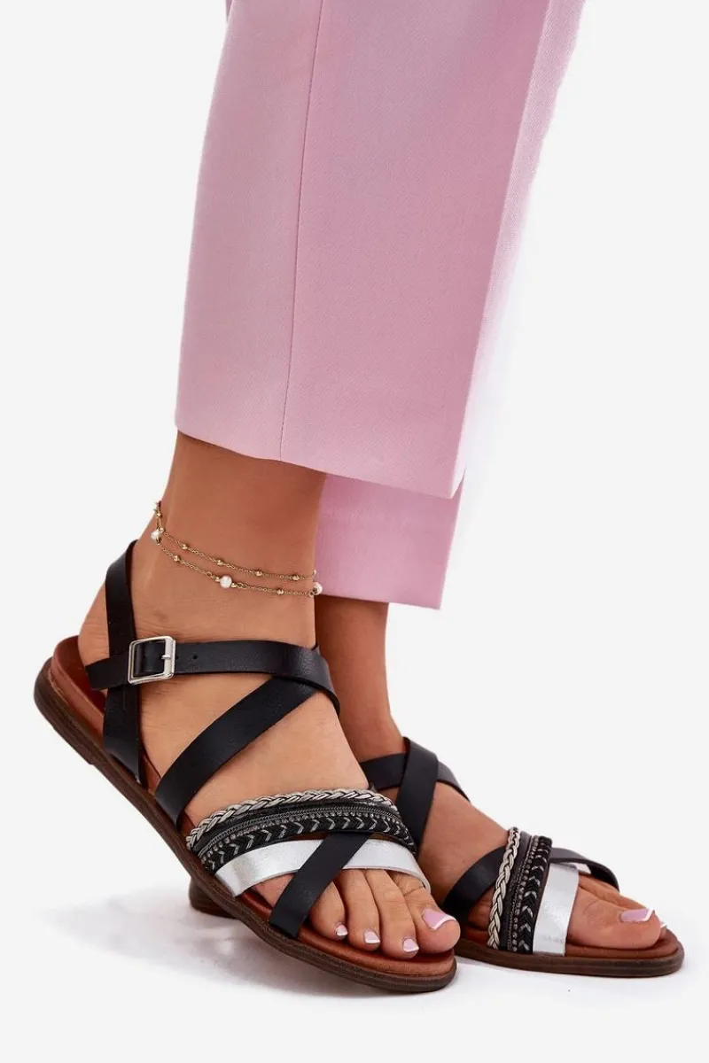 Clearance Damskie Sandały Płaskie Z Paskami Sergio Leone SK087H Czarne Damskie Sandały Płaskie