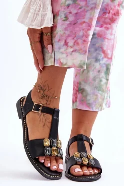 New Damskie Sandały S.Barski Z Kamieniami KV-2775-30 Czarne Damskie Sandały Płaskie