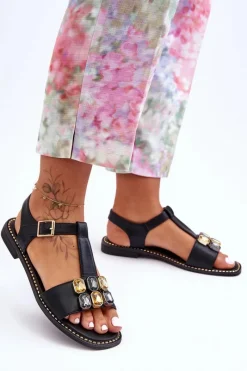 New Damskie Sandały S.Barski Z Kamieniami KV-2775-30 Czarne Damskie Sandały Płaskie