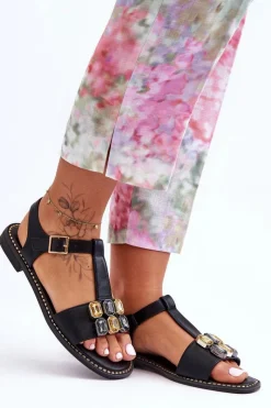 New Damskie Sandały S.Barski Z Kamieniami KV-2775-30 Czarne Damskie Sandały Płaskie