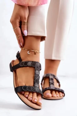 Online Damskie Sandały Z Dżetami Czarne Julies Damskie Sandały Płaskie