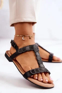 Online Damskie Sandały Z Dżetami Czarne Julies Damskie Sandały Płaskie