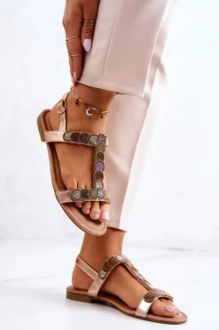 Sandały Płaskie>Damskie buty S.Barski Damskie Sandały Z Dżetami Różowe Złoto Julies