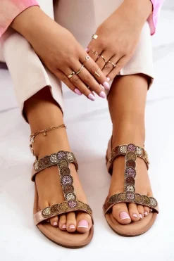 Sandały Płaskie>Damskie buty S.Barski Damskie Sandały Z Dżetami Różowe Złoto Julies