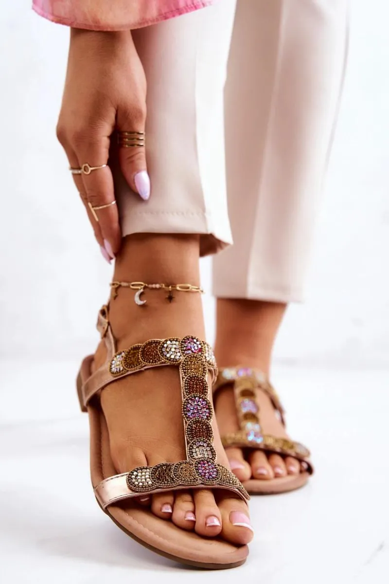 Sandały Płaskie>Damskie buty S.Barski Damskie Sandały Z Dżetami Różowe Złoto Julies