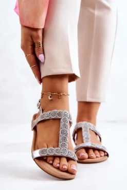 Clearance Damskie Sandały Z Dżetami Srebrne Julies Damskie Sandały Płaskie