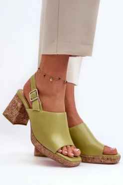 Sandały Na Obcasie>Buty Sergio Leone Damskie Sandały Z Eko Skóry Na Słupku Sergio Leone SK572 Pistacjowe