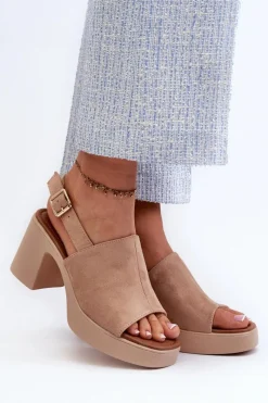 New Damskie Sandały Z Eko Zamszu Na Platformie I Obcasie Beżowe Vatle Damskie Sandały Na Obcasie