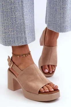 New Damskie Sandały Z Eko Zamszu Na Platformie I Obcasie Beżowe Vatle Damskie Sandały Na Obcasie