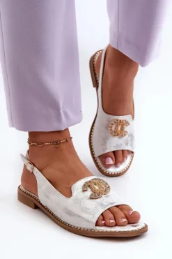 Outlet Damskie Sandały Z Ozdobą S.Barski KV27-049 Srebrne Damskie Sandały Płaskie