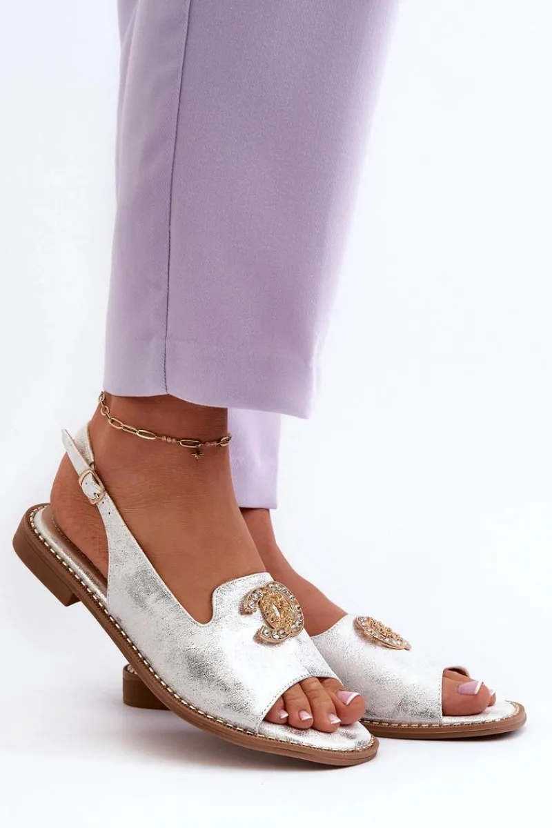 Outlet Damskie Sandały Z Ozdobą S.Barski KV27-049 Srebrne Damskie Sandały Płaskie