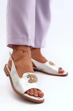 Outlet Damskie Sandały Z Ozdobą S.Barski KV27-049 Srebrne Damskie Sandały Płaskie