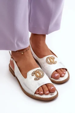 Outlet Damskie Sandały Z Ozdobą S.Barski KV27-049 Srebrne Damskie Sandały Płaskie