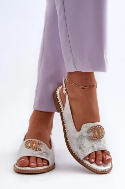 Outlet Damskie Sandały Z Ozdobą S.Barski KV27-049 Srebrne Damskie Sandały Płaskie